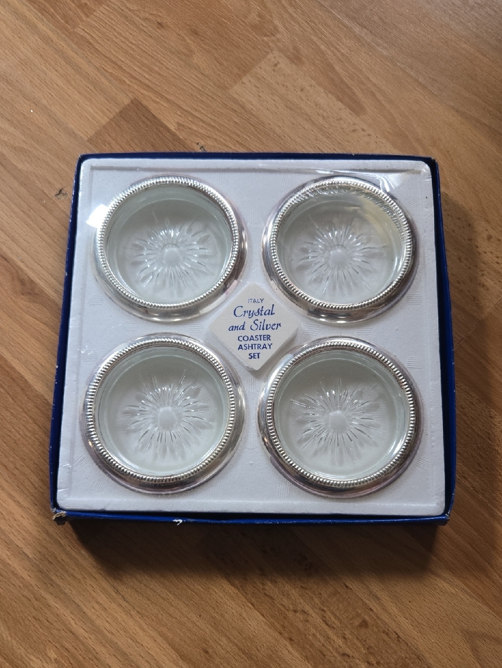 Crystal and Silver Coaster & Ashtray Set - Clear Crystal with Silver Trim